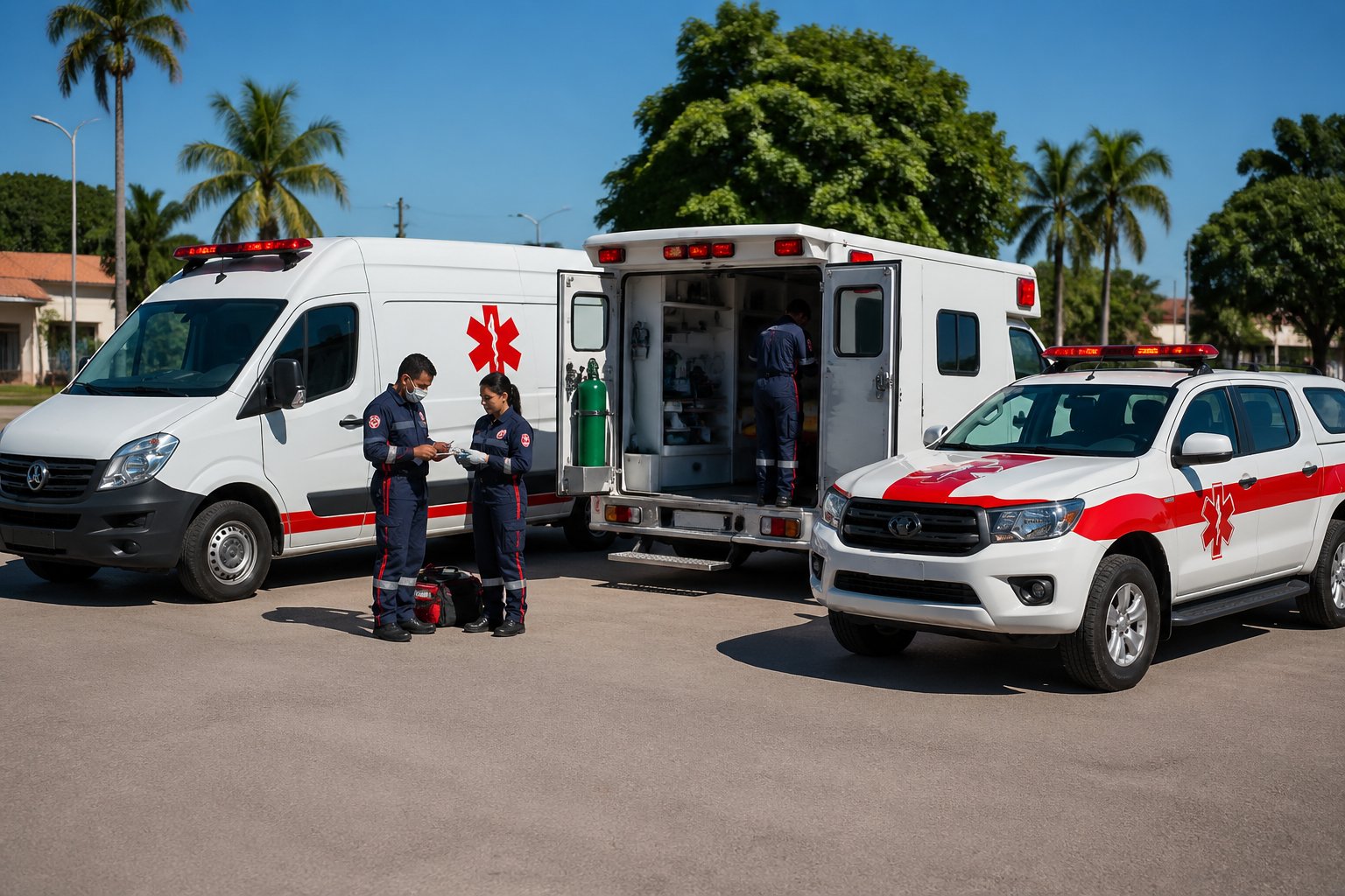 Três tipos diferentes de ambulâncias estacionadas ao ar livre em Nova Olímpia, com paramédicos próximos, em um dia ensolarado.