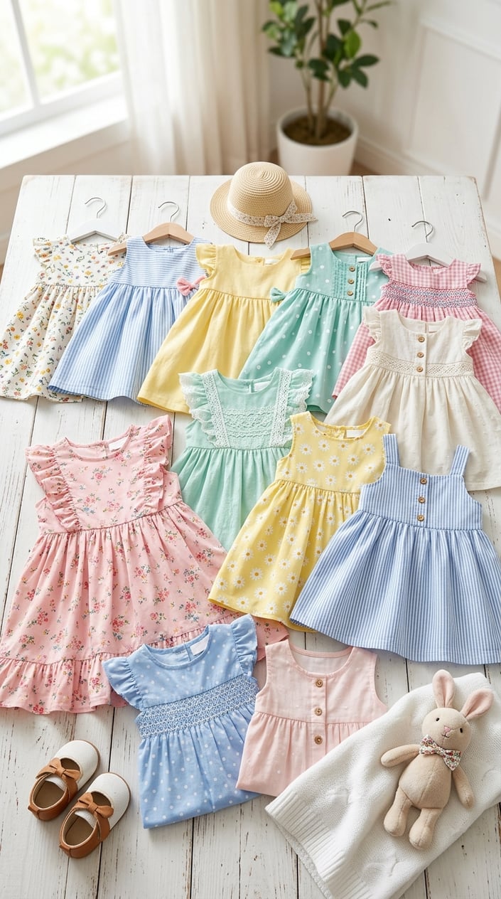 17 Baby Dress Designs for Summer That Are Actually Soft Enough to Wear 2 A collection of soft, pastel-colored baby dresses arranged on a white surface with baby shoes and a sun hat nearby.