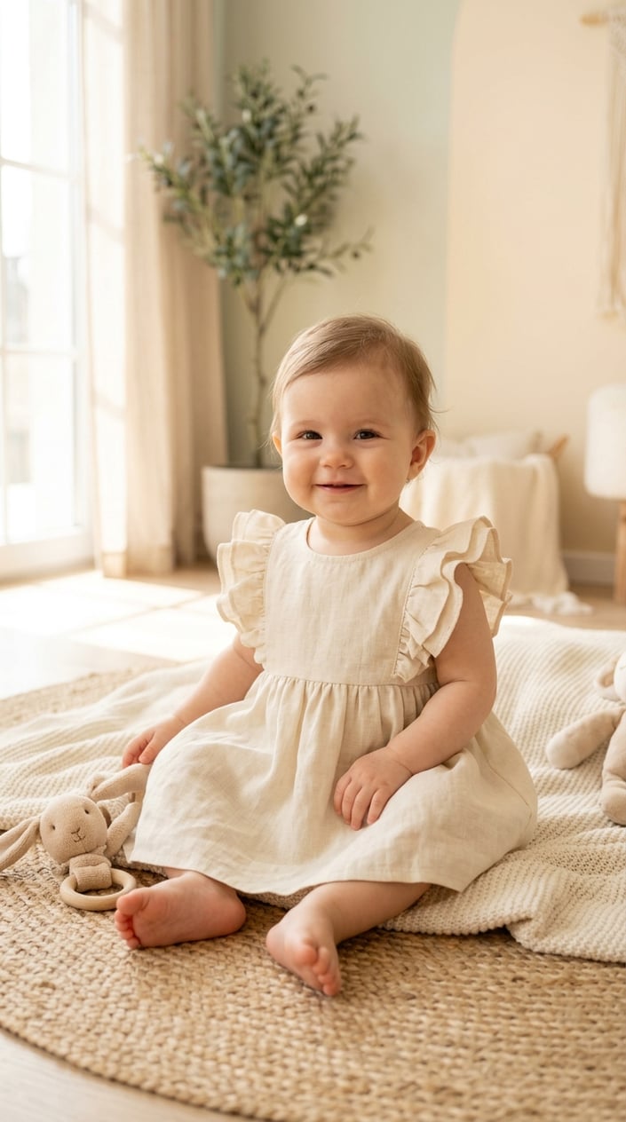 17 Baby Dress Designs for Summer That Are Actually Soft Enough to Wear 3 A baby wearing a light-colored sundress with ruffled shoulders, sitting indoors in a softly lit room.