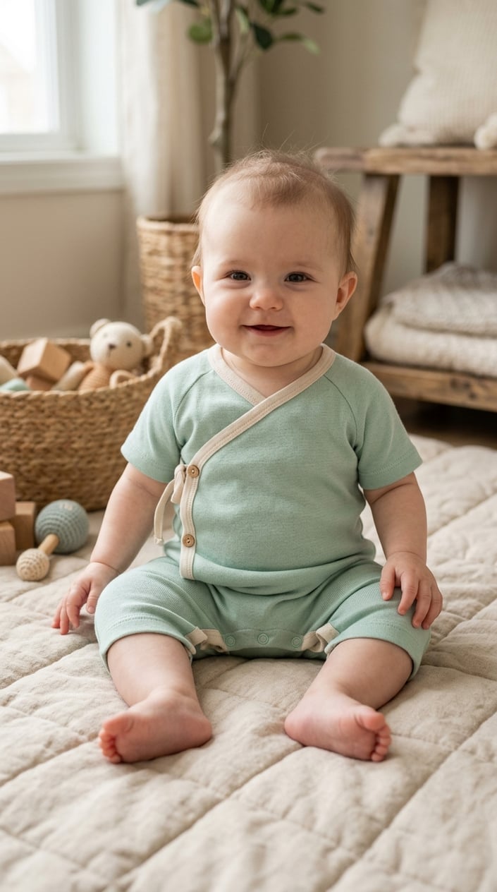 17 Baby Dress Designs for Summer That Are Actually Soft Enough to Wear 4 A baby sitting and wearing a soft organic cotton kimono romper with snap leg openings.