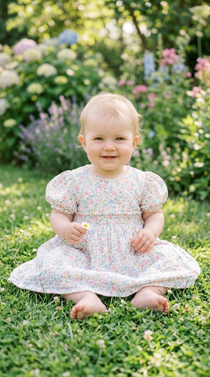 17 Baby Dress Designs for Summer That Are Actually Soft Enough to Wear 5 A baby sitting on grass wearing a pastel floral dress, smiling outdoors surrounded by flowers.