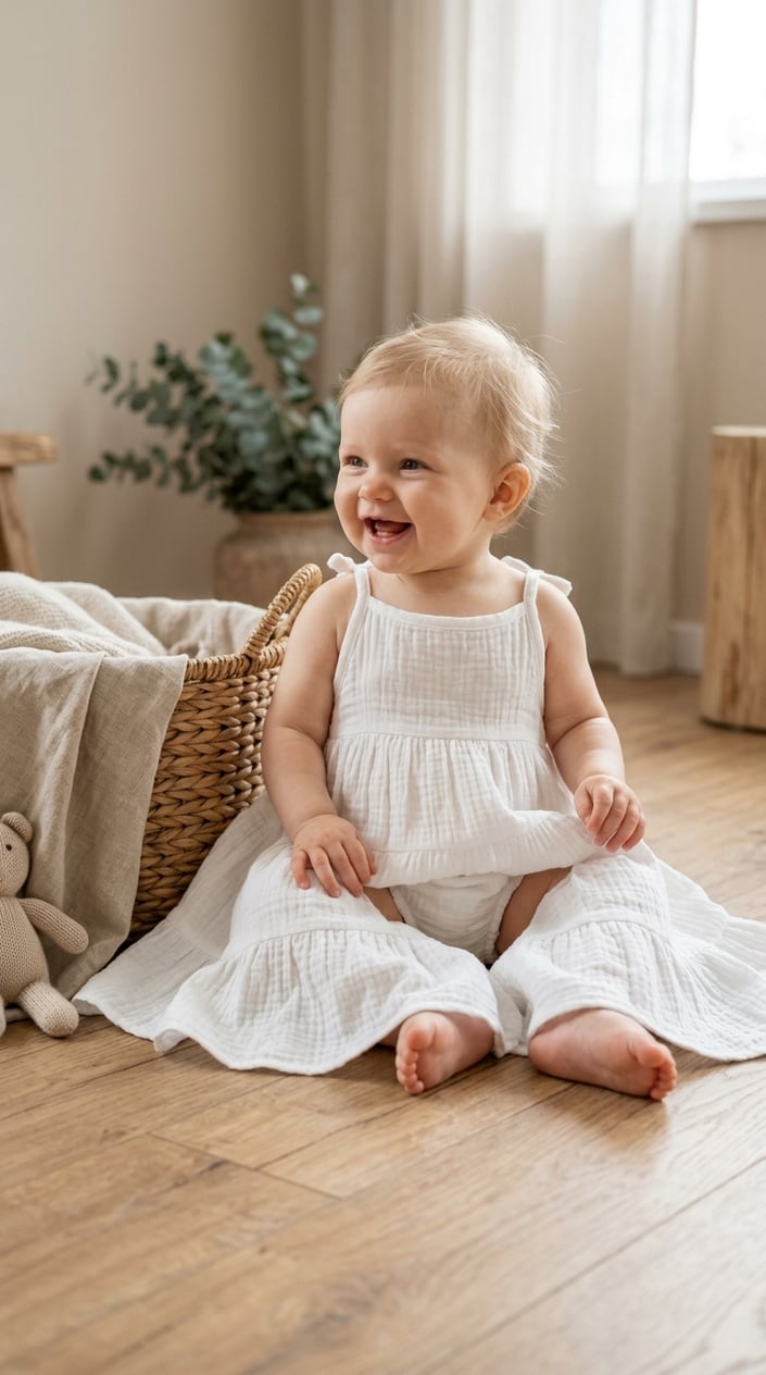 17 Baby Dress Designs for Summer That Are Actually Soft Enough to Wear 6 A baby wearing a soft, tiered maxi dress with built-in bloomers sitting in a bright, simple room.