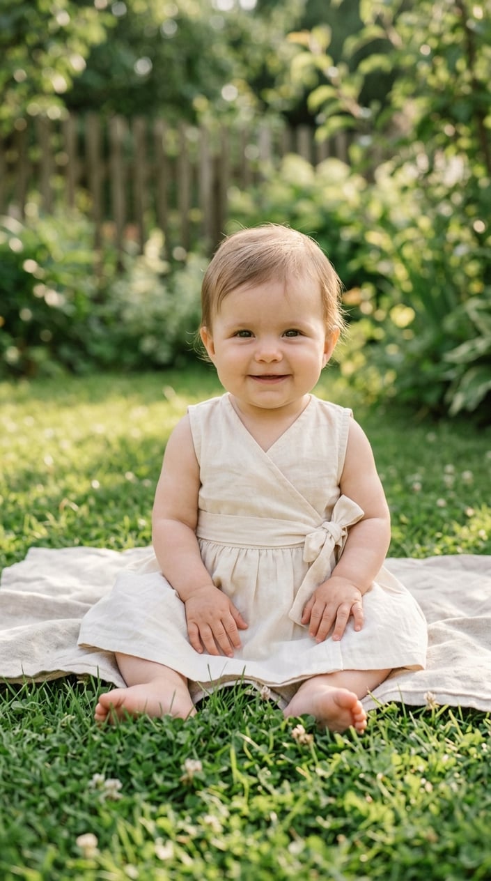 17 Baby Dress Designs for Summer That Are Actually Soft Enough to Wear 7 A baby sitting on grass outdoors wearing a light-colored wrap dress with a tie waist.