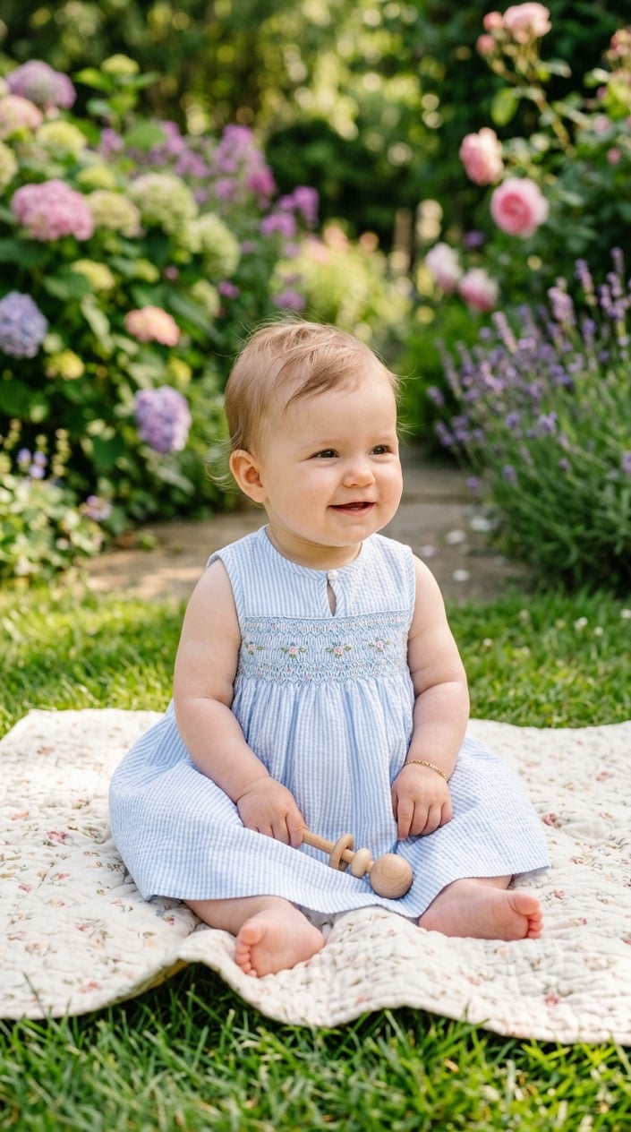 17 Baby Dress Designs for Summer That Are Actually Soft Enough to Wear 8 A baby sitting outdoors on a blanket wearing a light summer dress with a keyhole opening on the back.