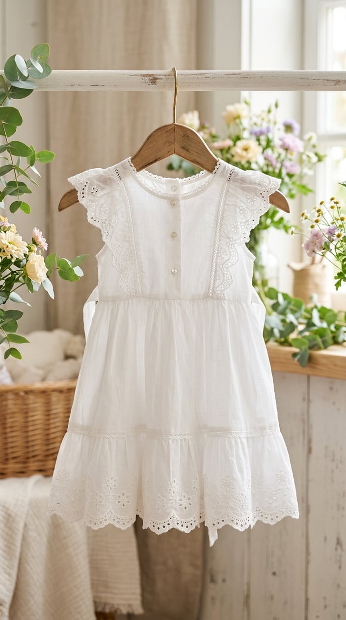 17 Baby Dress Designs for Summer That Are Actually Soft Enough to Wear 9 A white baby sundress with eyelet trim hanging on a wooden hanger against a softly lit neutral background, surrounded by green leaves and pastel flowers.