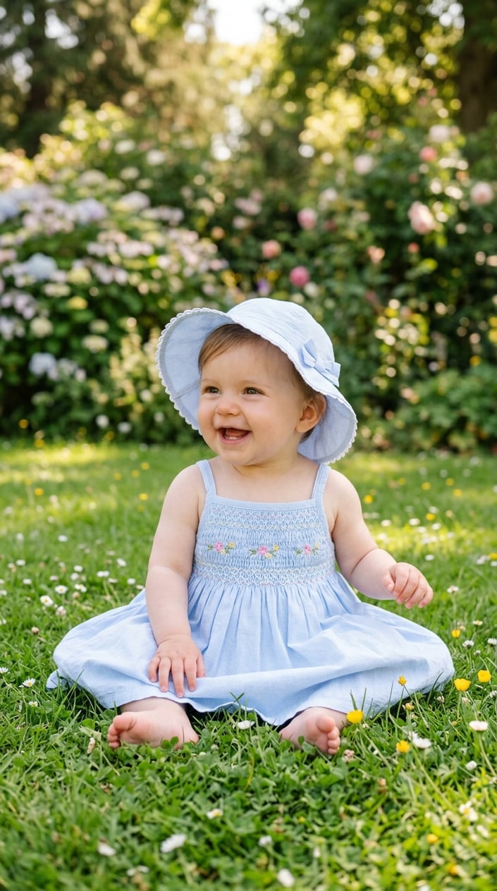 17 Baby Dress Designs for Summer That Are Actually Soft Enough to Wear 11 A baby wearing a sleeveless smocked sundress and sunhat outdoors on grass on a sunny day.