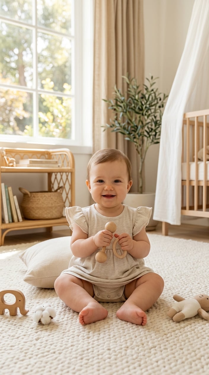 17 Baby Dress Designs for Summer That Are Actually Soft Enough to Wear 12 A baby wearing a light-colored flutter sleeve dress sitting in a bright room with natural light.