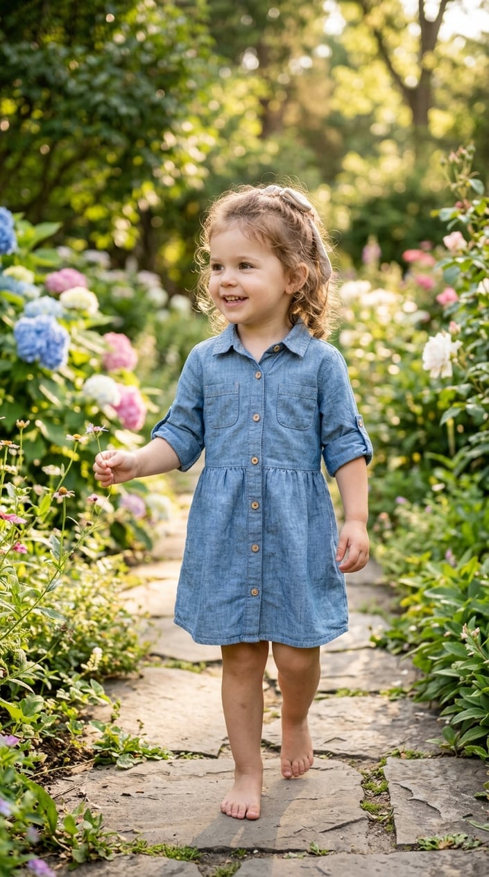 17 Baby Dress Designs for Summer That Are Actually Soft Enough to Wear 13 A young child wearing a lightweight chambray shirt dress with roll-tab sleeves standing outdoors in a sunny garden.