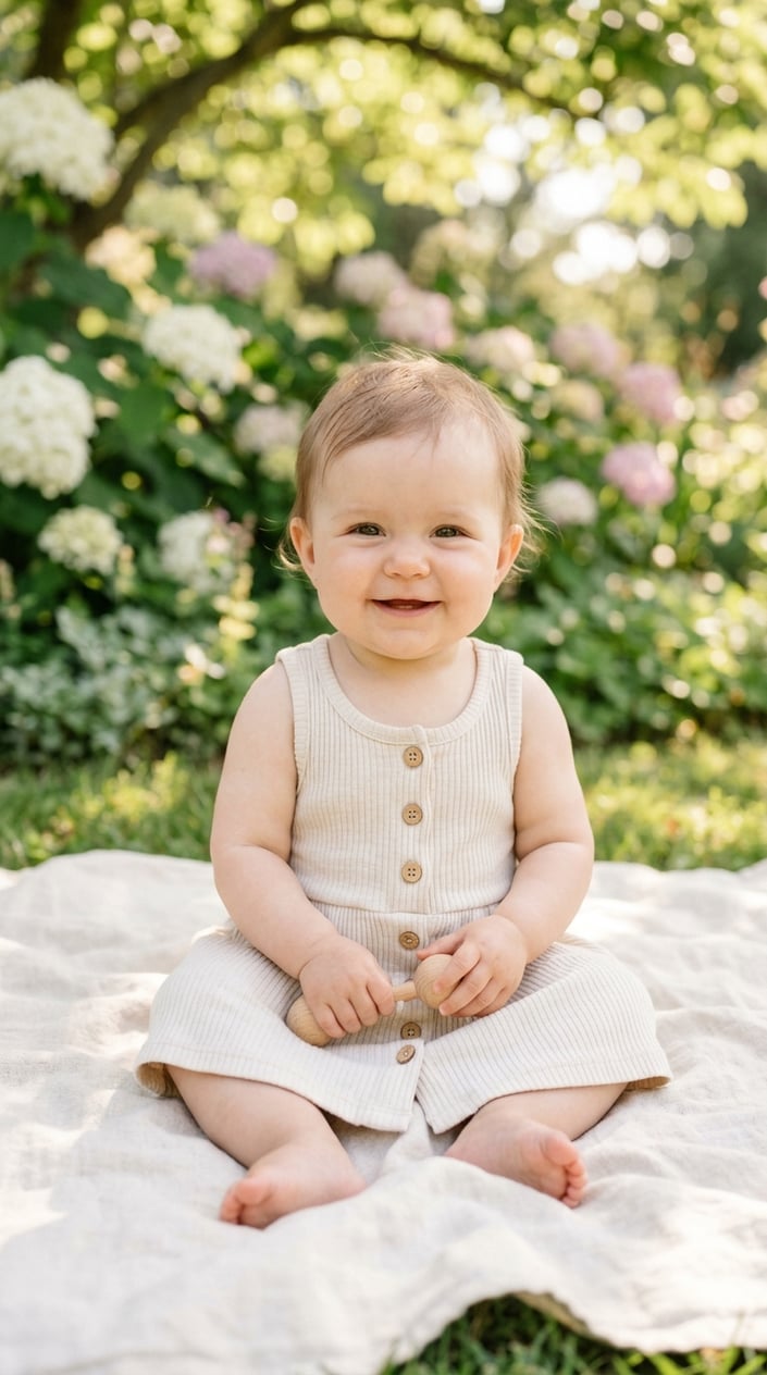 17 Baby Dress Designs for Summer That Are Actually Soft Enough to Wear 14 A baby sitting wearing a light ribbed cotton tank dress with buttons on the front in a bright summer setting.
