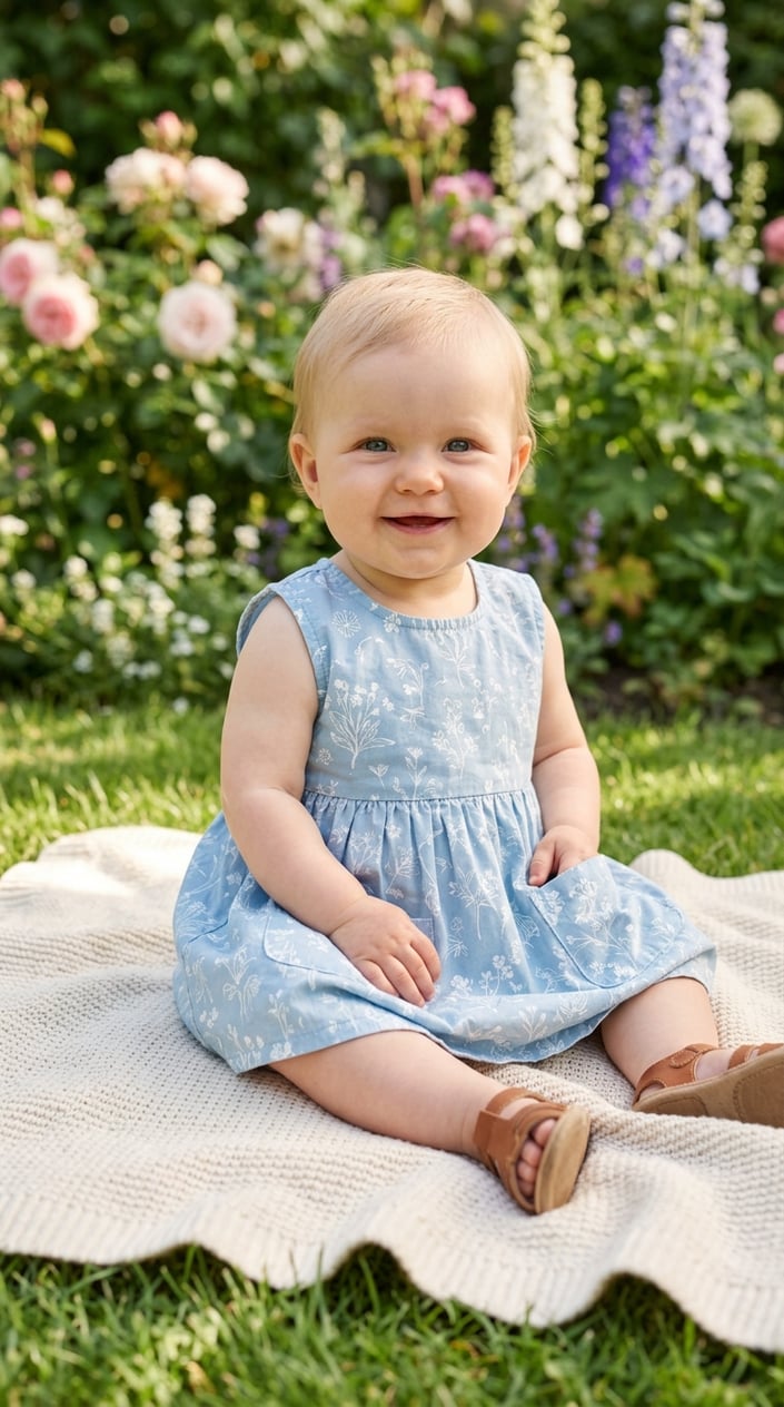 17 Baby Dress Designs for Summer That Are Actually Soft Enough to Wear 15 A baby sitting outdoors on a blanket wearing a light cotton dress with side pockets in a sunny garden.