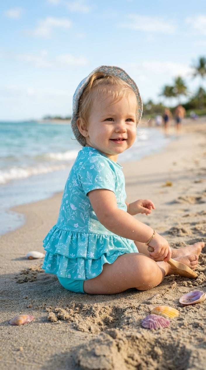 17 Baby Dress Designs for Summer That Are Actually Soft Enough to Wear 16 A baby wearing a soft, sun-protective swim dress with a ruffle hem outdoors on a sunny day.