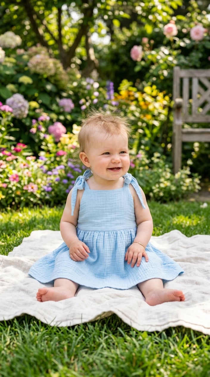 17 Baby Dress Designs for Summer That Are Actually Soft Enough to Wear 17 A baby sitting outdoors on a blanket wearing a light halter dress with adjustable shoulder ties, surrounded by green grass and flowers.