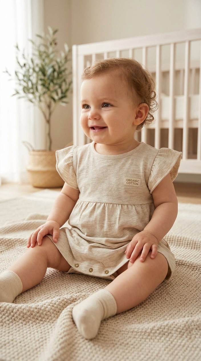 17 Baby Dress Designs for Summer That Are Actually Soft Enough to Wear 18 A baby sitting wearing a soft tunic dress with snap diaper access, on a light background.