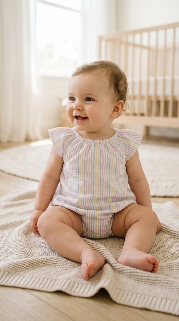 17 Baby Dress Designs for Summer That Are Actually Soft Enough to Wear 19 A baby sitting on a light blanket wearing a soft seersucker bubble outfit with elastic legs in a bright room.