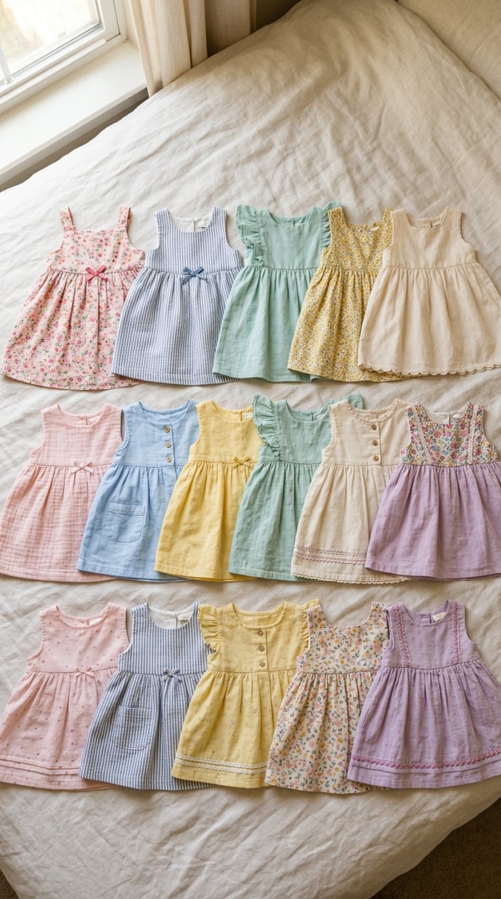 17 Baby Dress Designs for Summer That Are Actually Soft Enough to Wear 20 A collection of soft, pastel-colored baby dresses for summer arranged on a light fabric background.