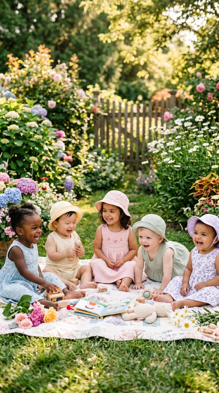 17 Baby Dress Designs for Summer That Are Actually Soft Enough to Wear 21 Babies and toddlers wearing soft summer dresses playing outdoors on grass in a sunny garden.