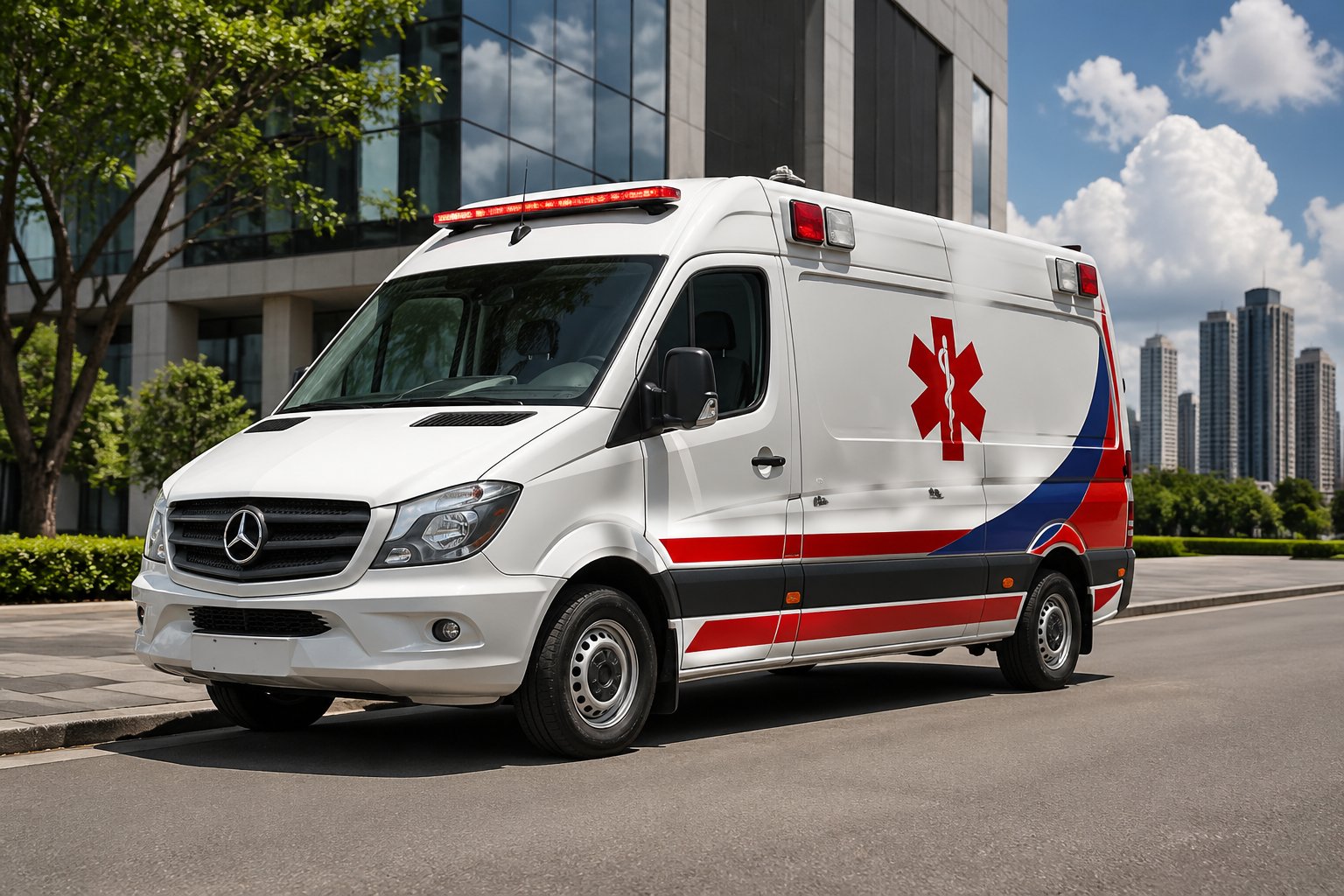 Uma ambulância moderna estacionada em uma rua da cidade de Cidade Gaúcha, com prédios e árvores ao fundo.