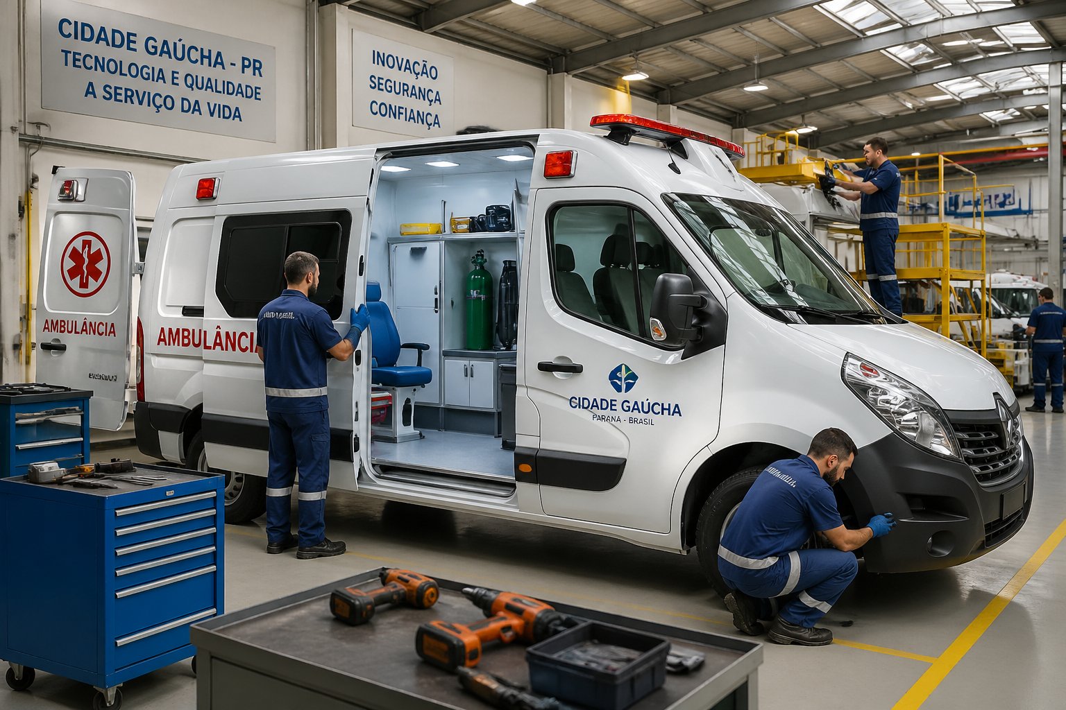 Técnicos trabalhando na fabricação e personalização de uma ambulância em uma oficina em Cidade Gaúcha.
