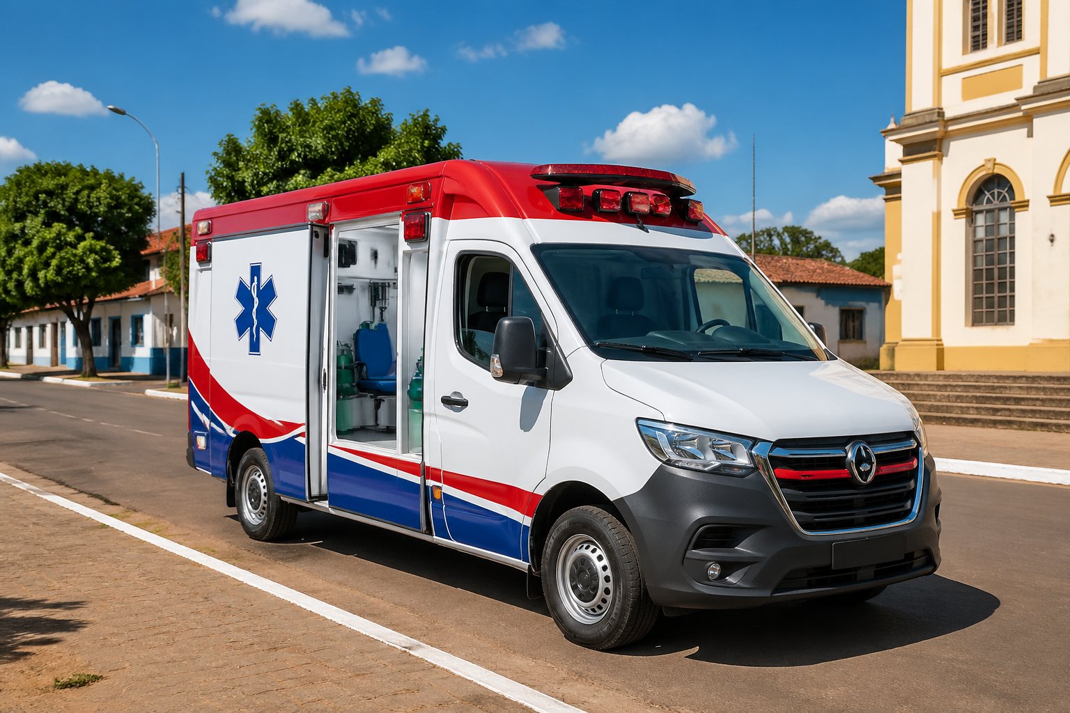 Ambulância branca com marcações de emergência estacionada em uma rua de cidade pequena com prédios e árvores ao fundo.
