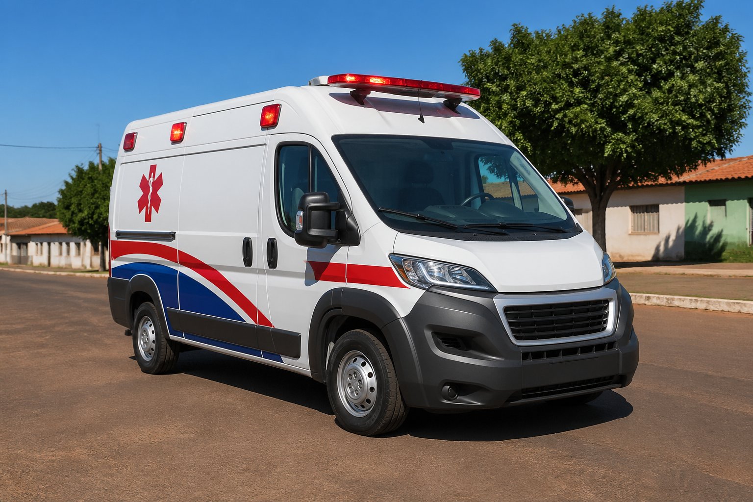Ambulância branca estacionada em uma rua de uma pequena cidade com árvores e casas ao fundo.