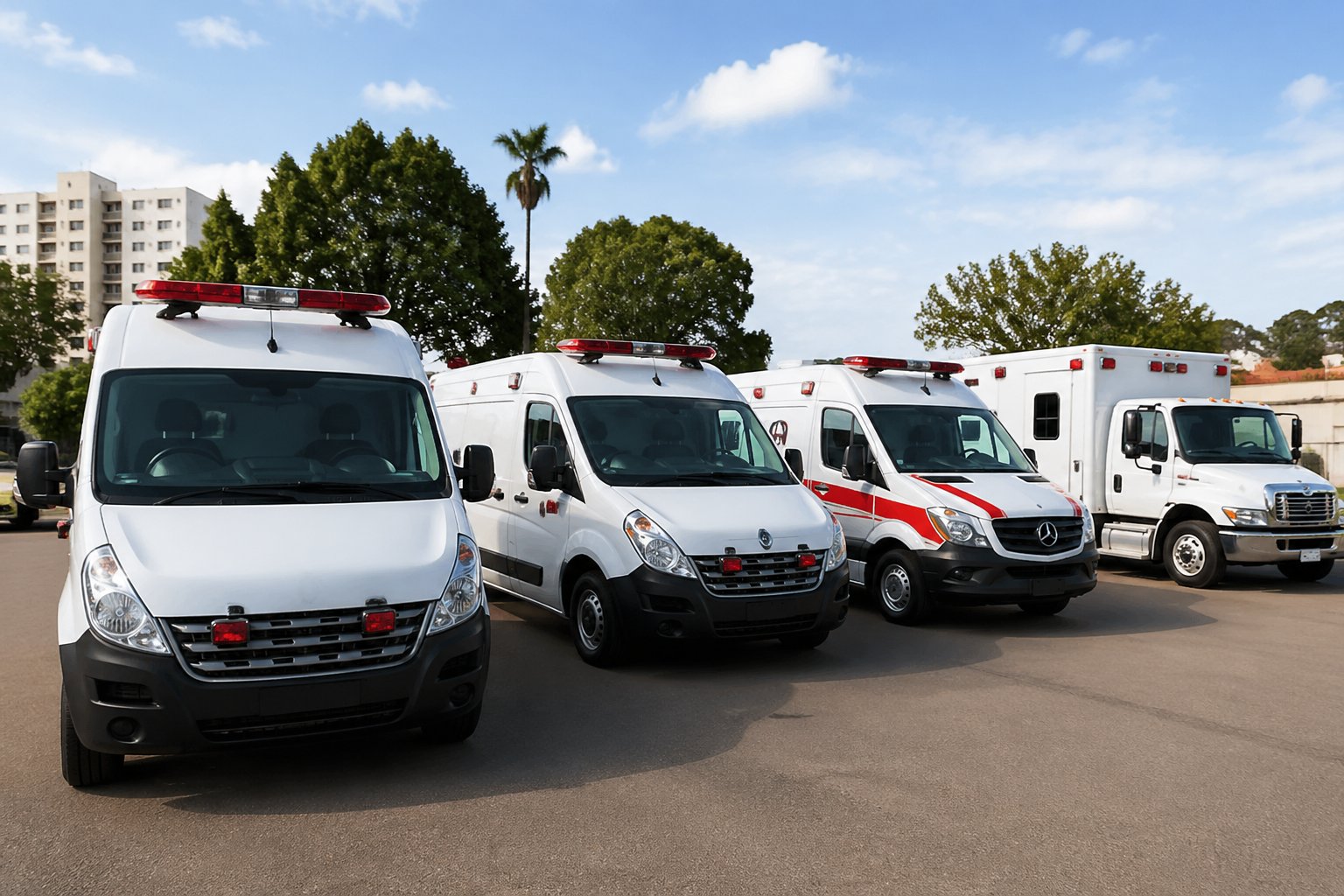 Ambulância em Querência do Norte: Serviços de Emergência Médica e Atendimento Pré-Hospitalar na Região Vários tipos de ambulância estacionadas ao ar livre em Querência do Norte, mostrando diferentes modelos e tamanhos em um ambiente urbano tranquilo.
