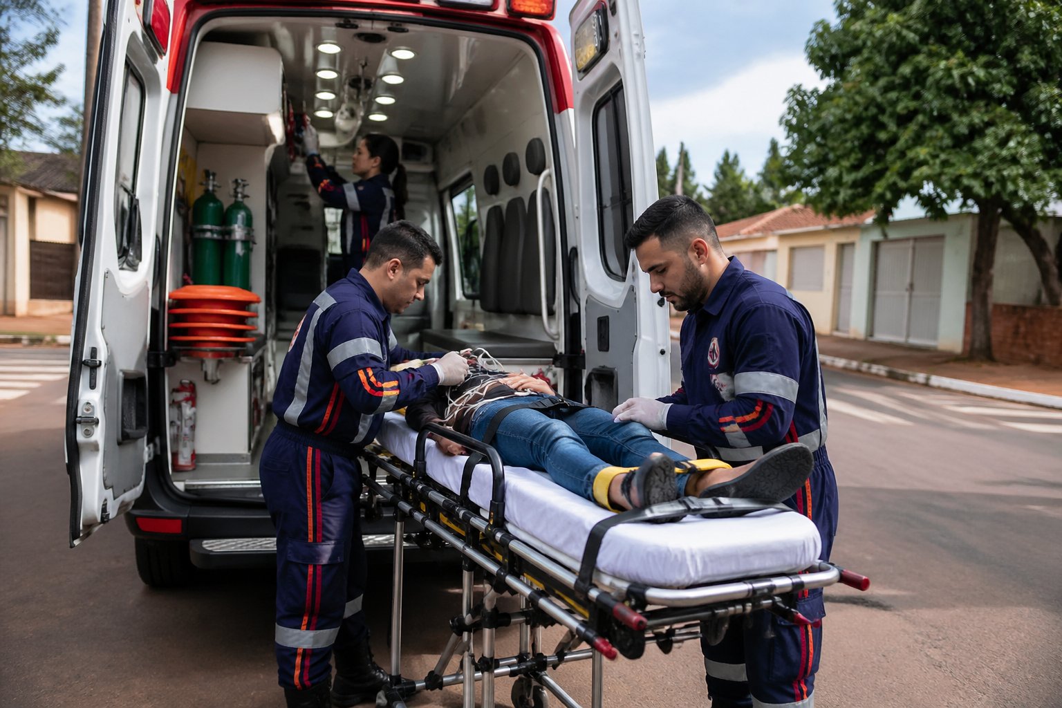 Ambulância em Querência do Norte: Serviços de Emergência Médica e Atendimento Pré-Hospitalar na Região Ambulância estacionada em uma rua de Querência do Norte com paramédicos realizando procedimentos de atendimento pré-hospitalar.