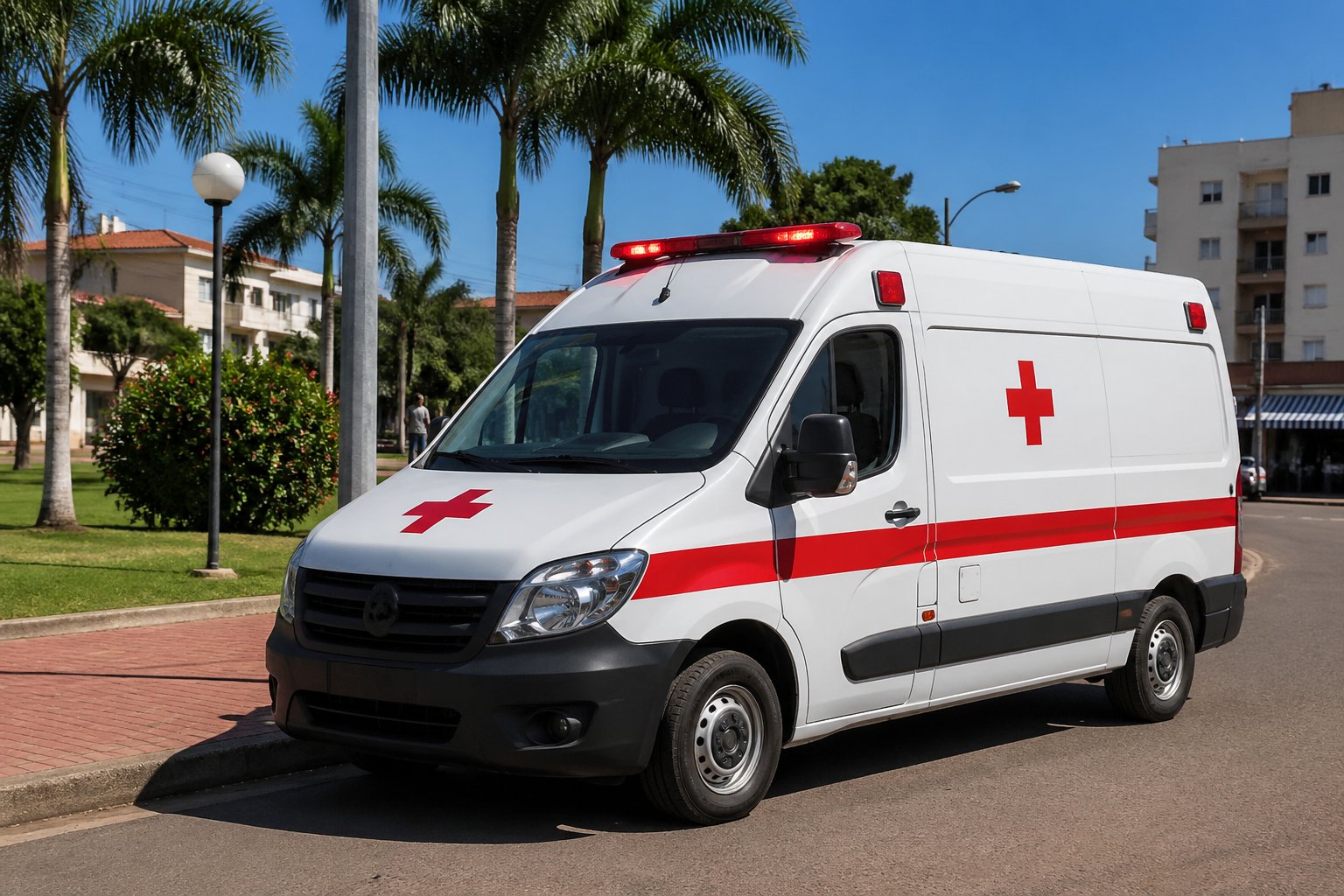 Ambulância em Santa Isabel do Ivaí: Serviços de Emergência Médica e Atendimento Rápido na Região Uma ambulância moderna estacionada em uma rua ensolarada de Santa Isabel do Ivaí, com prédios residenciais e árvores ao fundo.