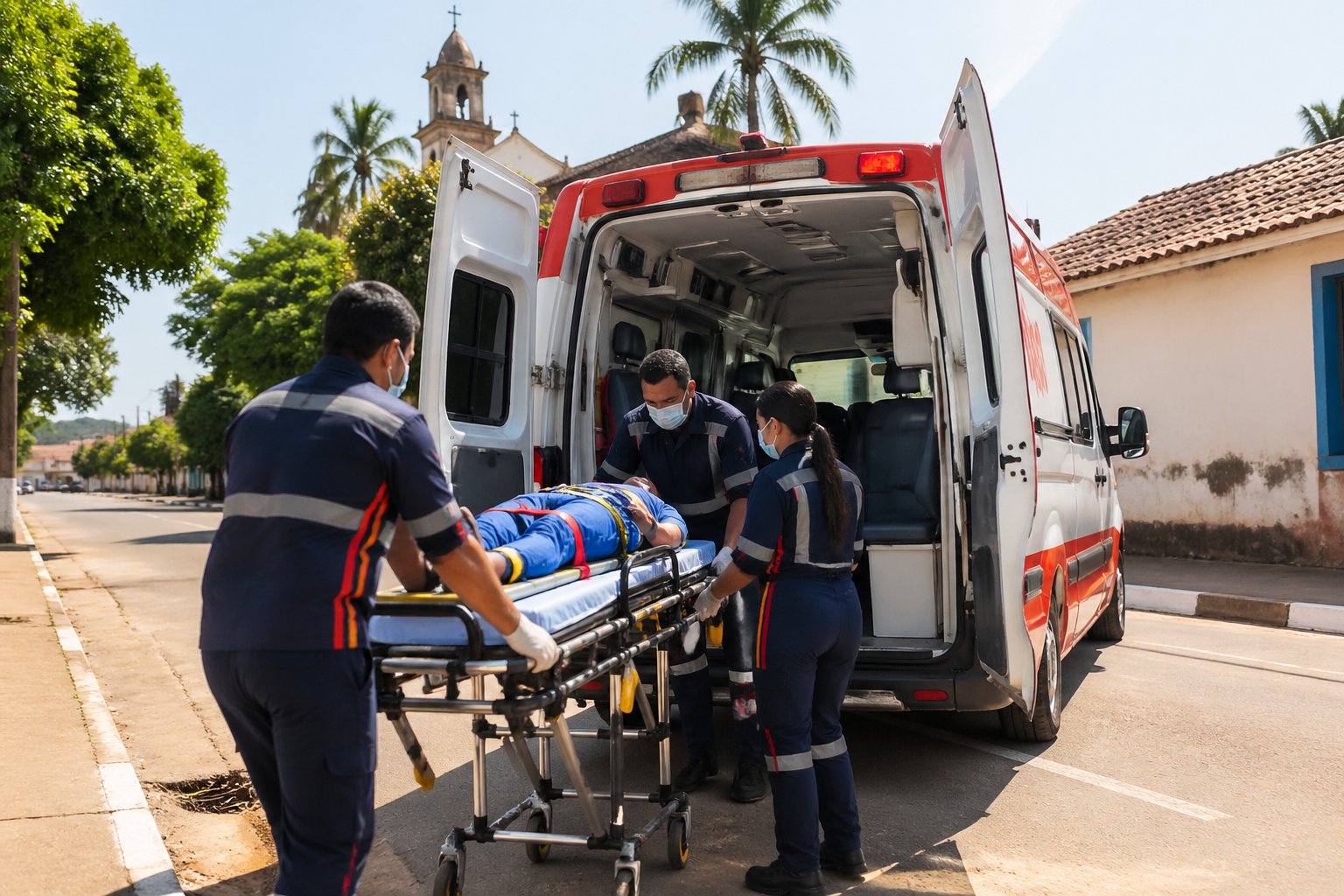 Ambulância estacionada em uma rua de Santa Cruz de Monte Castelo com paramédicos atendendo um paciente em uma maca.
