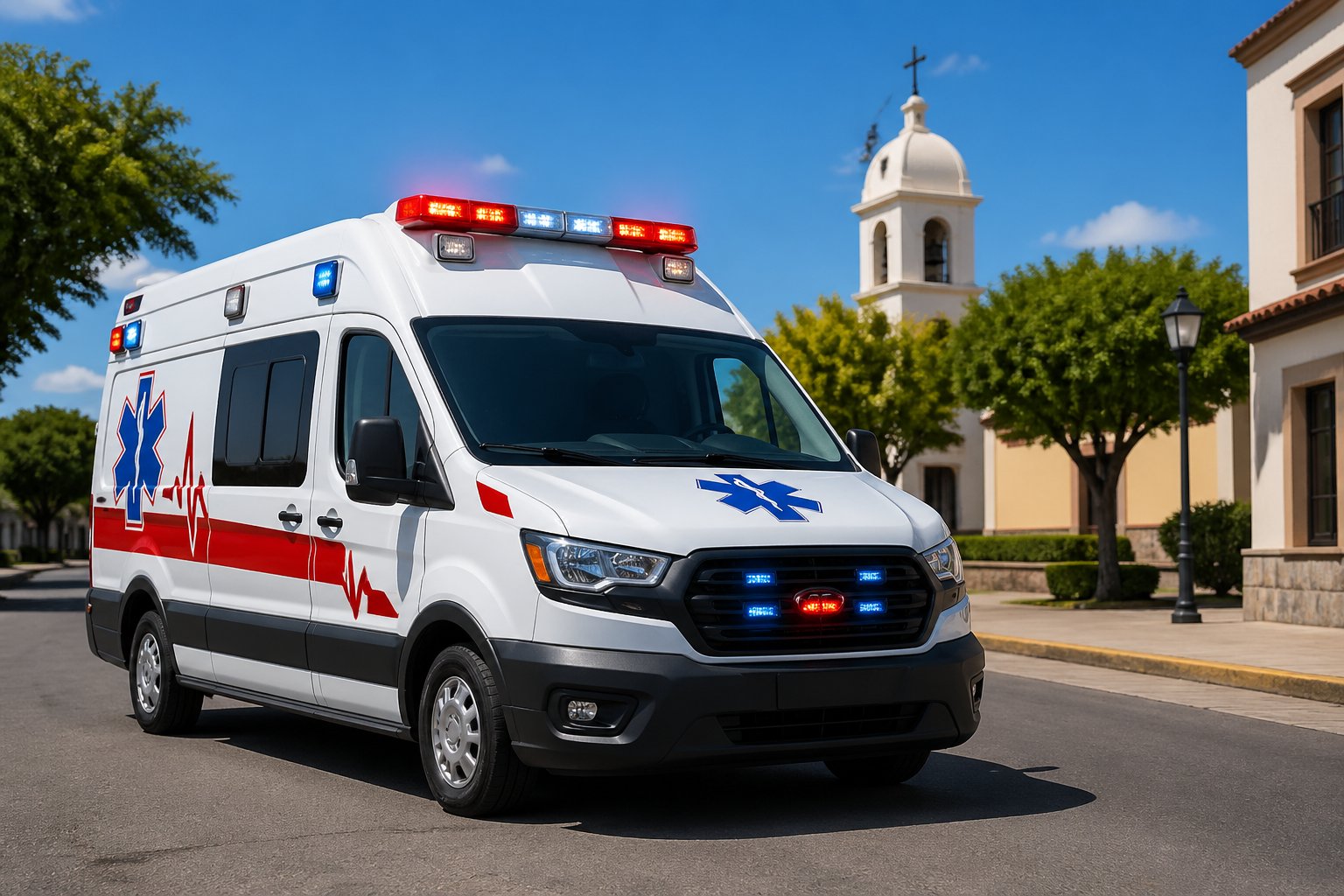 Ambulância branca com marcas vermelhas e azuis estacionada em uma rua urbana limpa em Santa Cruz de Monte Castelo, com árvores e prédios ao fundo.