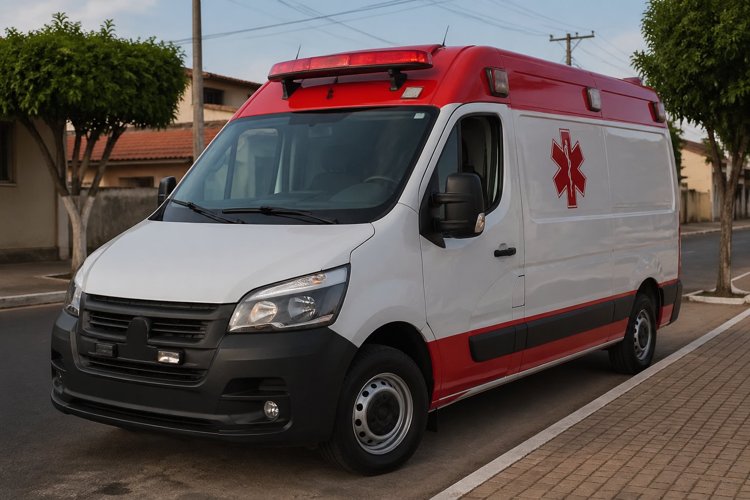 Ambulância moderna estacionada em uma rua de Marilena, Brasil, com prédios residenciais e árvores ao fundo.