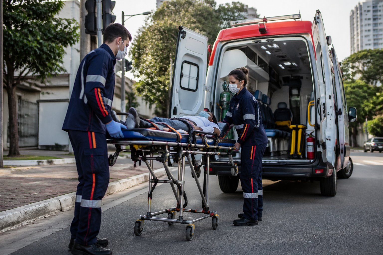 Ambulância estacionada em rua urbana com paramédicos atendendo um paciente em maca, em Marilena.