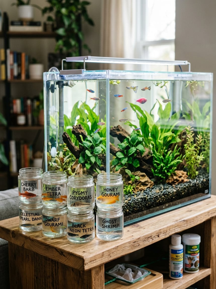 Nine small colorful freshwater fish swimming among green aquatic plants and fine gravel in a starter aquarium setup
