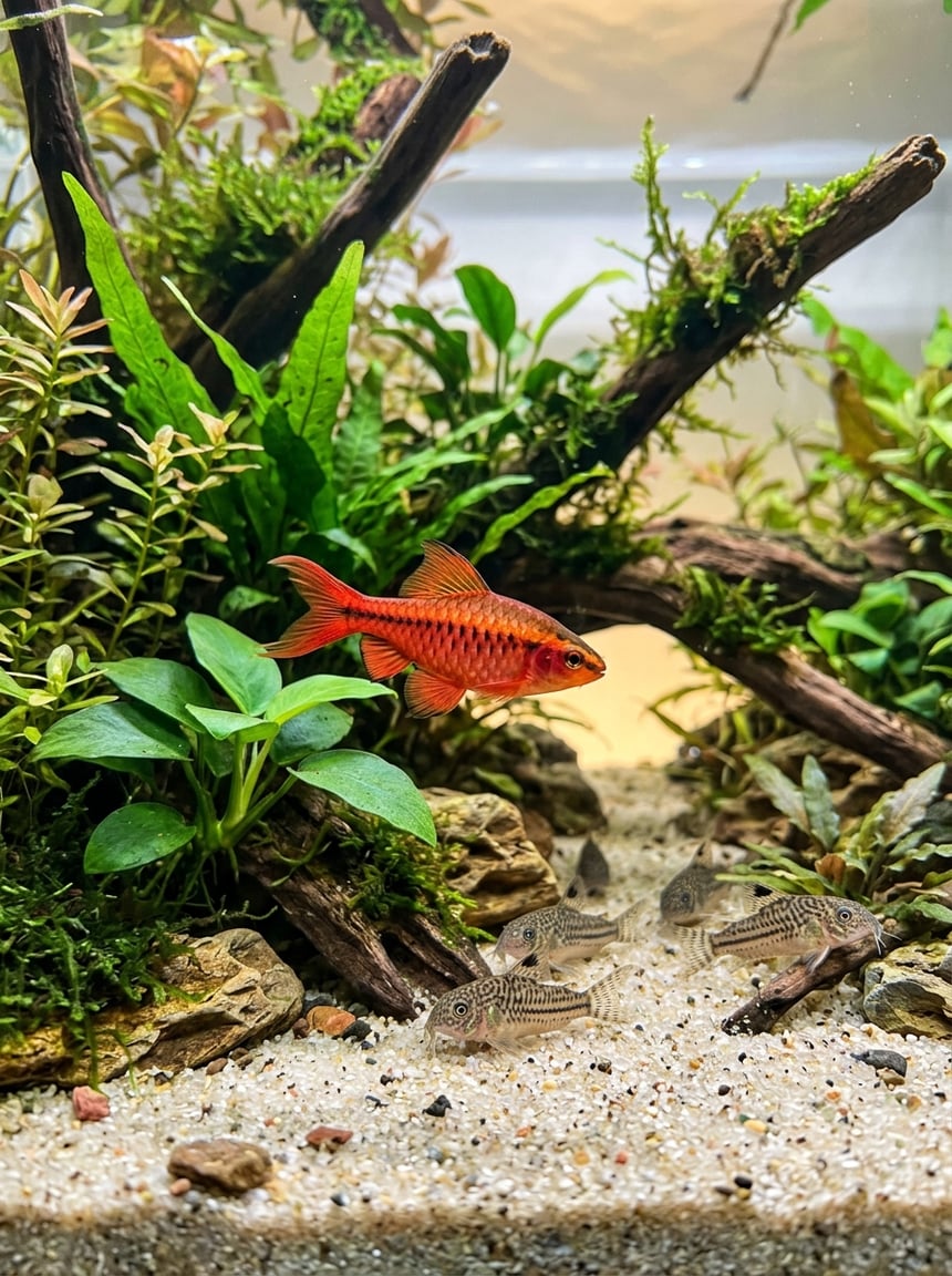 A vivid red Cherry Barb swimming through dense green plants and driftwood in a clear freshwater aquarium, with small Pygmy Corydoras resting on pale sandy substrate below