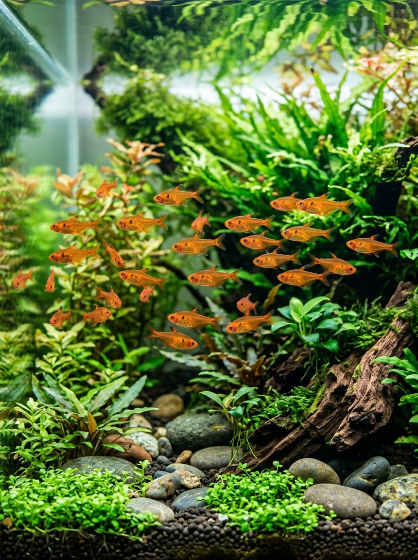 A small school of orange-bodied Ember Tetras swimming through a densely planted freshwater aquarium with fine-leaved green plants