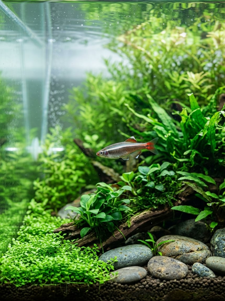 A White Cloud Mountain Minnow with a rose-tinted body and pale lateral stripe swimming past smooth river stones and bright green aquatic plants
