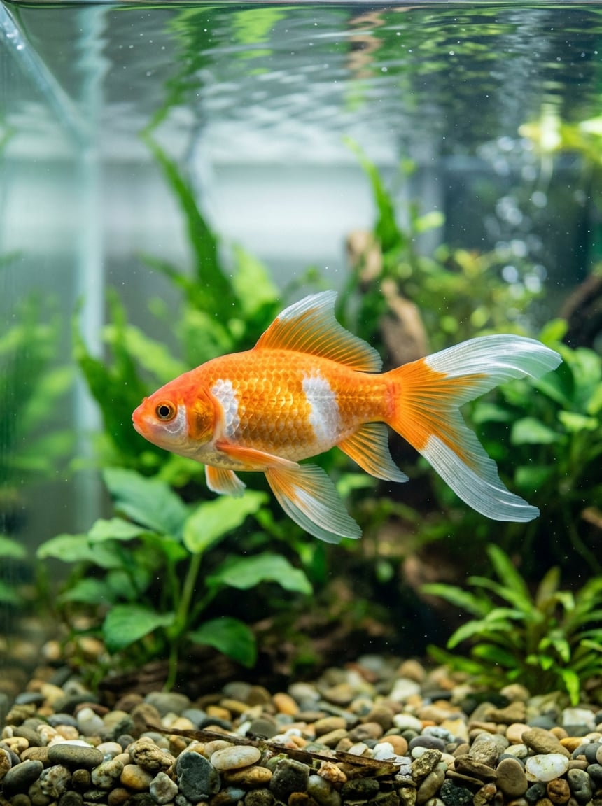 A single orange common comet goldfish swimming in a sparsely decorated aquarium with green plants and coarse gravel