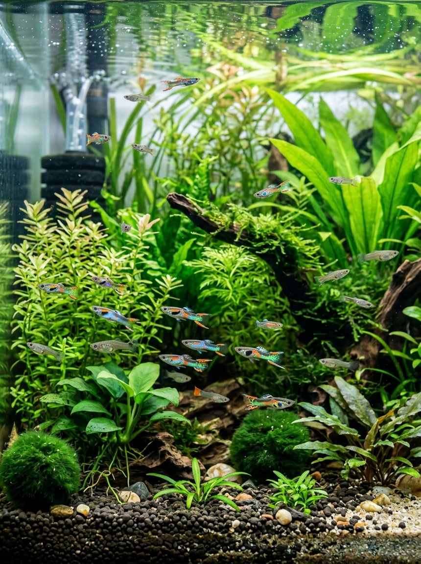 Colorful Endler's Livebearer fish with bright orange and black patterned bodies swimming actively through green aquatic plants in a freshwater aquarium