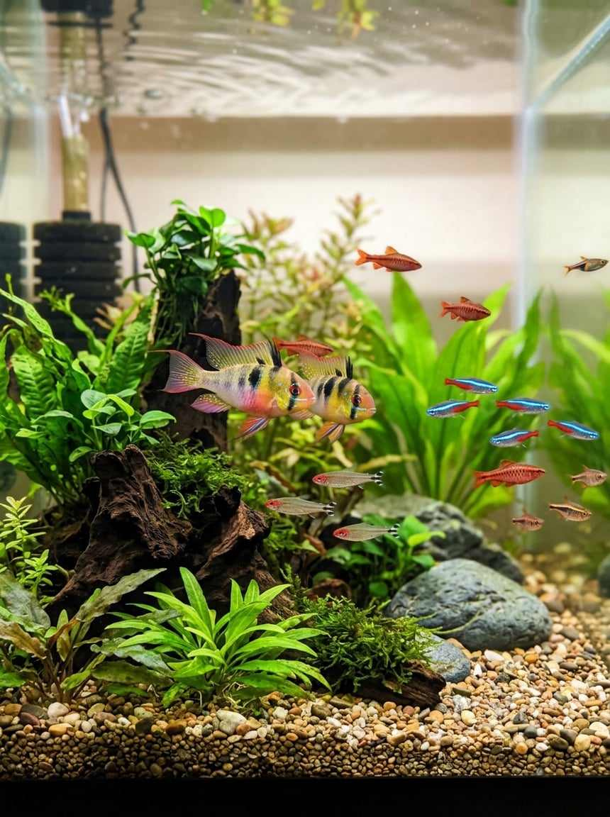 A pair of Bolivian Ram cichlids with yellow-tipped fins and blue-flecked bodies swimming slowly among smooth rocks and broad-leafed aquatic plants
