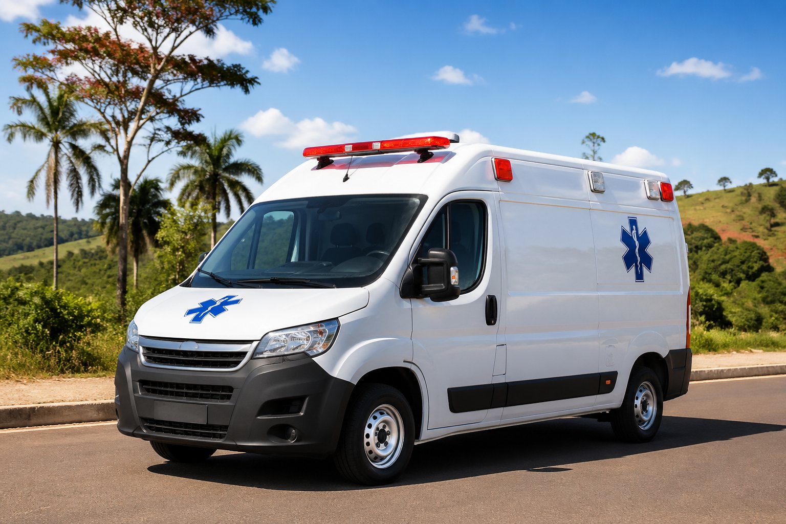 Uma ambulância branca estacionada em uma estrada com vegetação típica ao fundo durante o dia.