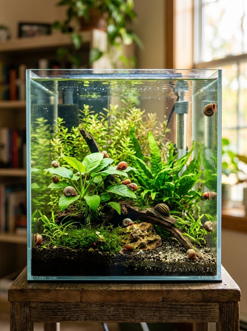 A freshwater aquarium with lush green java moss anchored to a rock, small nerite snails on the glass, and clear water in a minimal starter tank setup