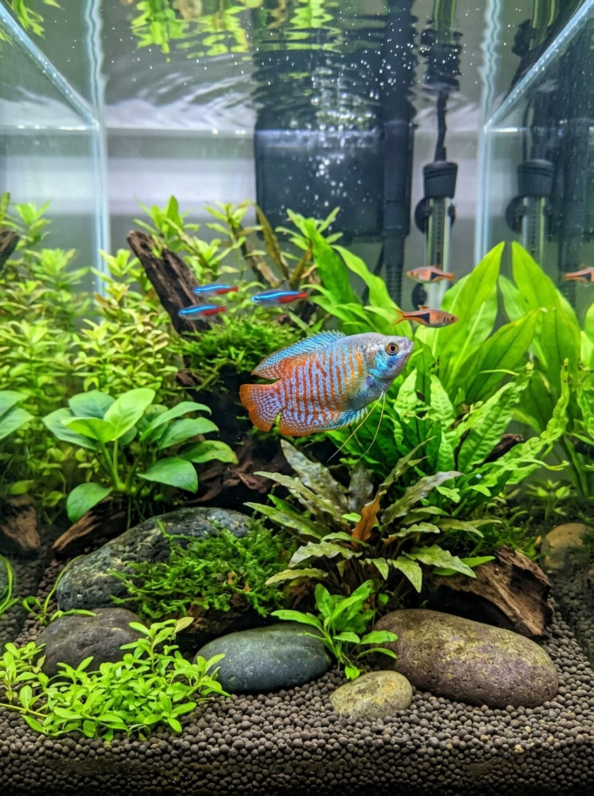 A male Dwarf Gourami with blue and orange striped iridescent scales swimming near the surface of a planted freshwater aquarium