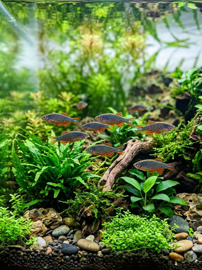 Several Celestial Pearl Danios with deep blue bodies and bright orange fins swimming among fine-leaved green aquatic plants and dark substrate