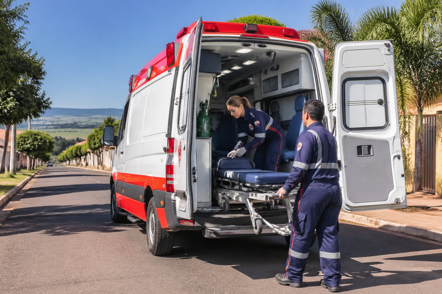 Ambulância moderna em uma rua de Diamante do Norte com profissionais de saúde próximos, em ambiente urbano tranquilo.