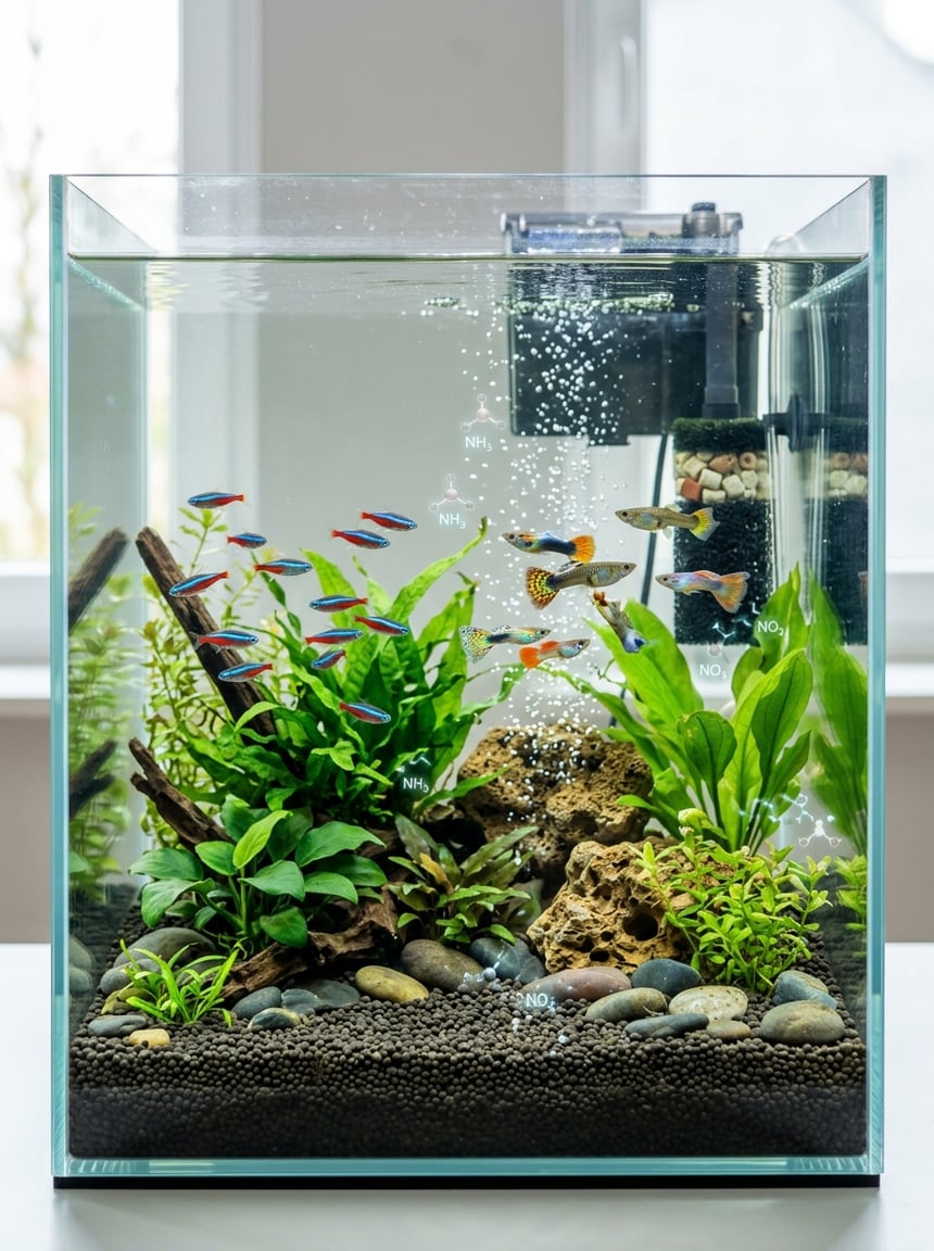 A clear glass aquarium with green aquatic plants rooted in fine gravel, rising air bubbles, and small colorful fish near the substrate, illustrating an active biological filtration environment