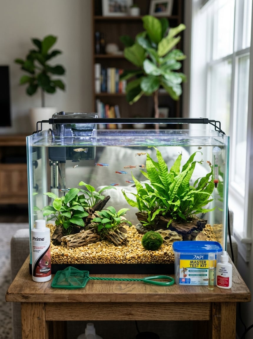 A small clear glass aquarium on a wooden stand with green aquatic plants, an air stone producing fine bubbles, and aquarium maintenance tools visible nearby in a softly lit room