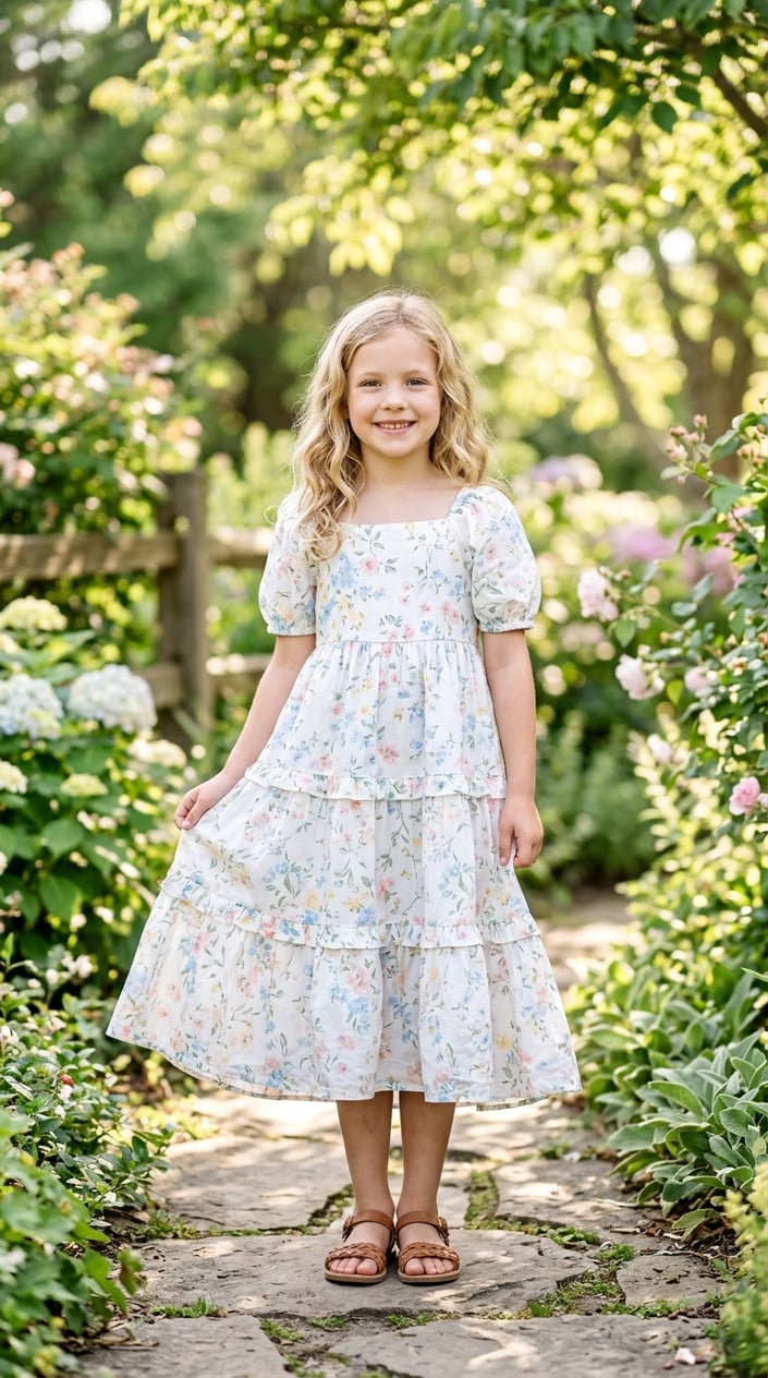 18 Kids' Designer-Look Dresses That Don't Cost Designer Prices 3 A young girl standing outdoors wearing a light floral tiered dress, smiling with greenery in the background.