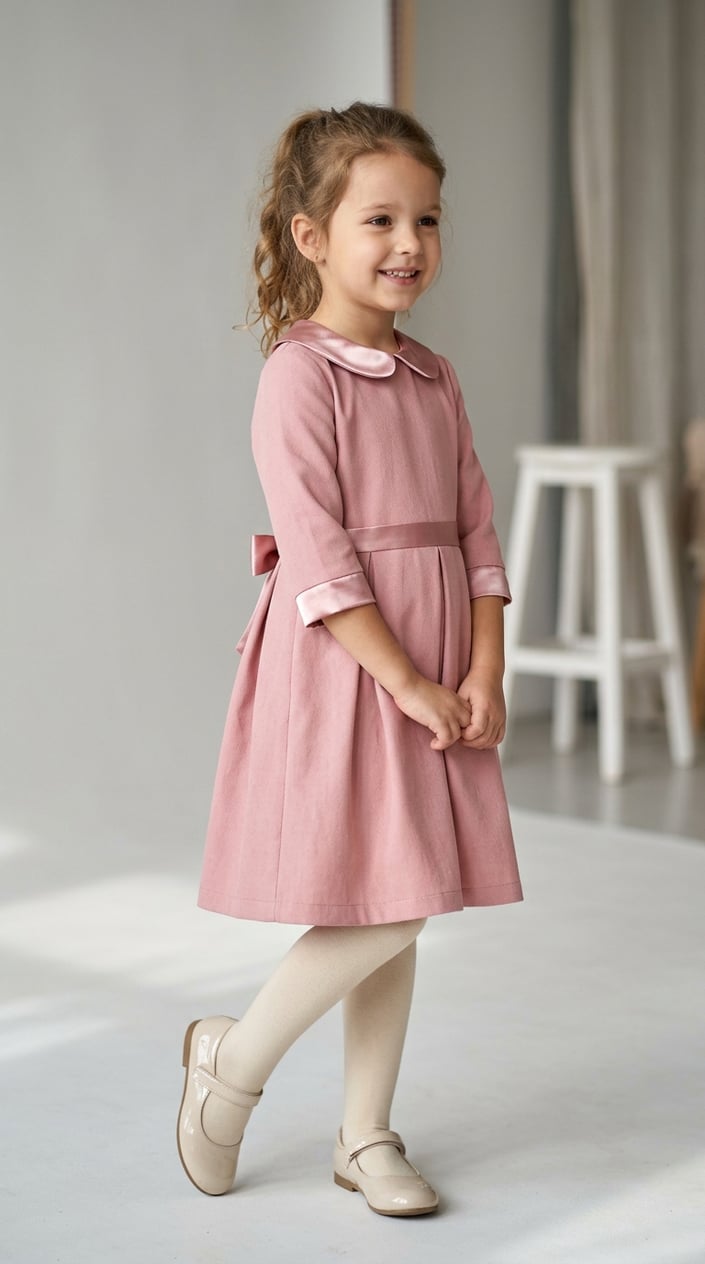 18 Kids' Designer-Look Dresses That Don't Cost Designer Prices 4 A young girl wearing a satin-trimmed party dress stands smiling against a plain background.