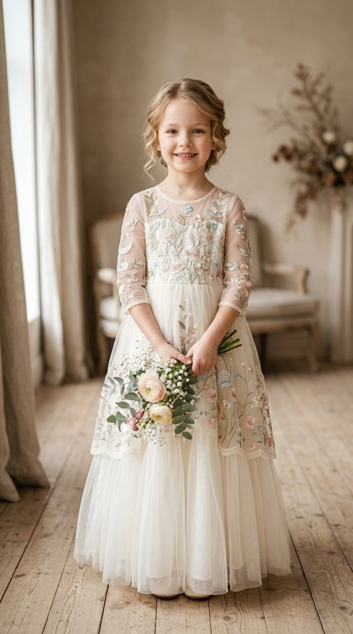 18 Kids' Designer-Look Dresses That Don't Cost Designer Prices 5 A young girl wearing a delicate embroidered tulle dress standing indoors with soft lighting.