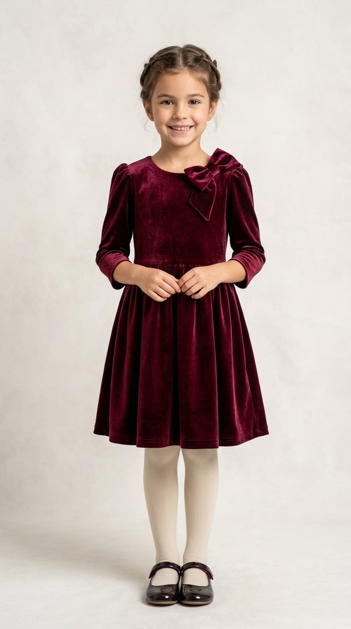 18 Kids' Designer-Look Dresses That Don't Cost Designer Prices 6 A young girl wearing a velvet dress with a large bow, standing and smiling against a plain background.