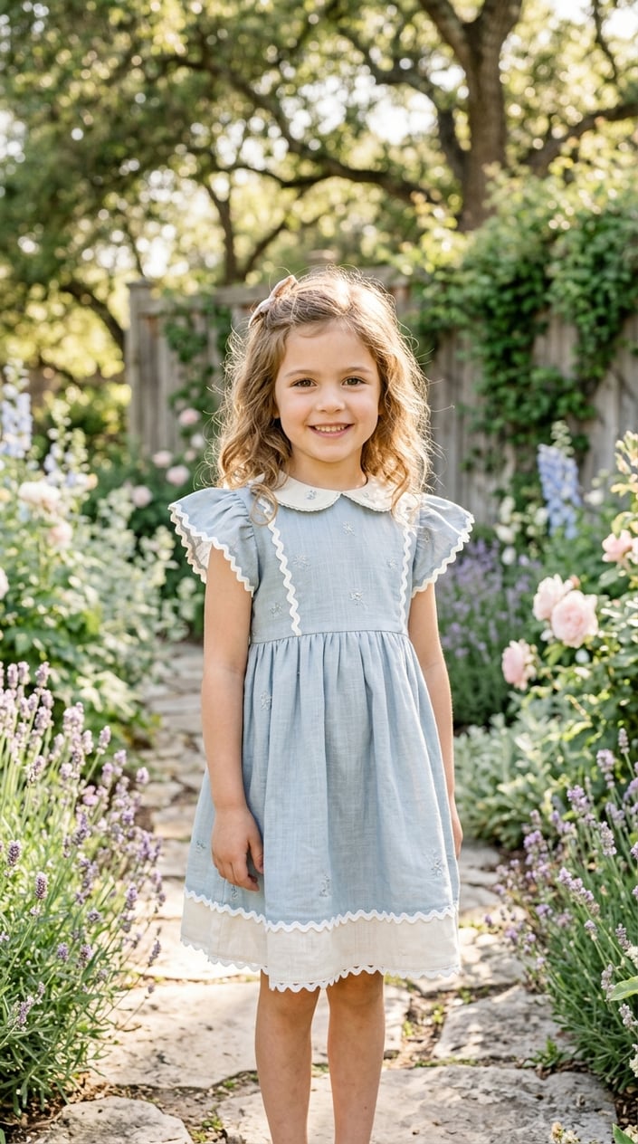 18 Kids' Designer-Look Dresses That Don't Cost Designer Prices 7 A young girl stands outdoors in a garden wearing a scallop-edged dress, smiling gently.
